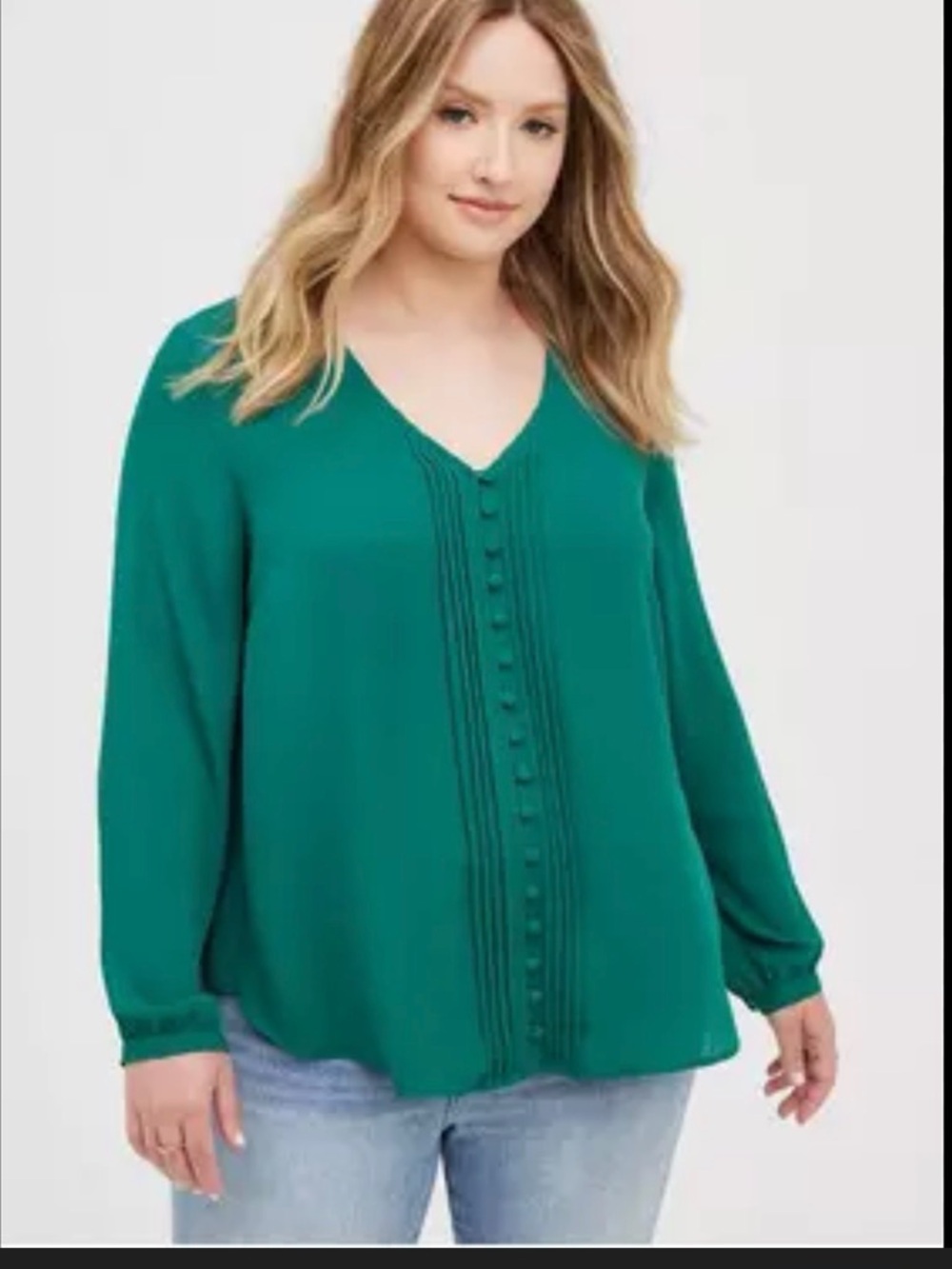 Torrid Georgette Emerald Teal Green V-Neck Pintuck Button-Front Blouse Size 1X